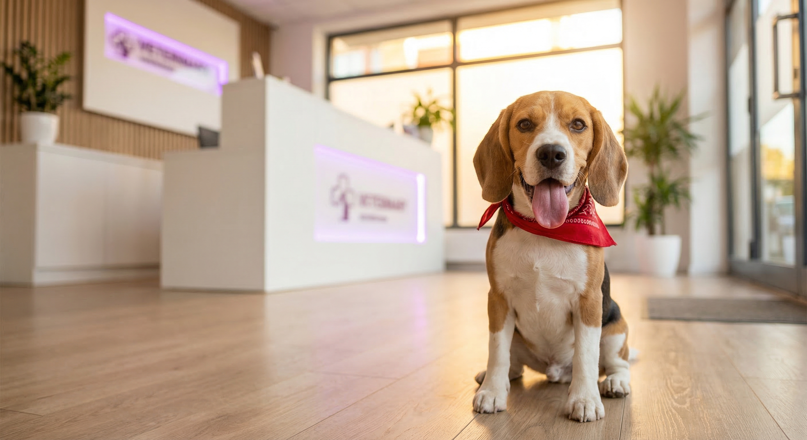 Happy dog in a modern veterinary waiting room