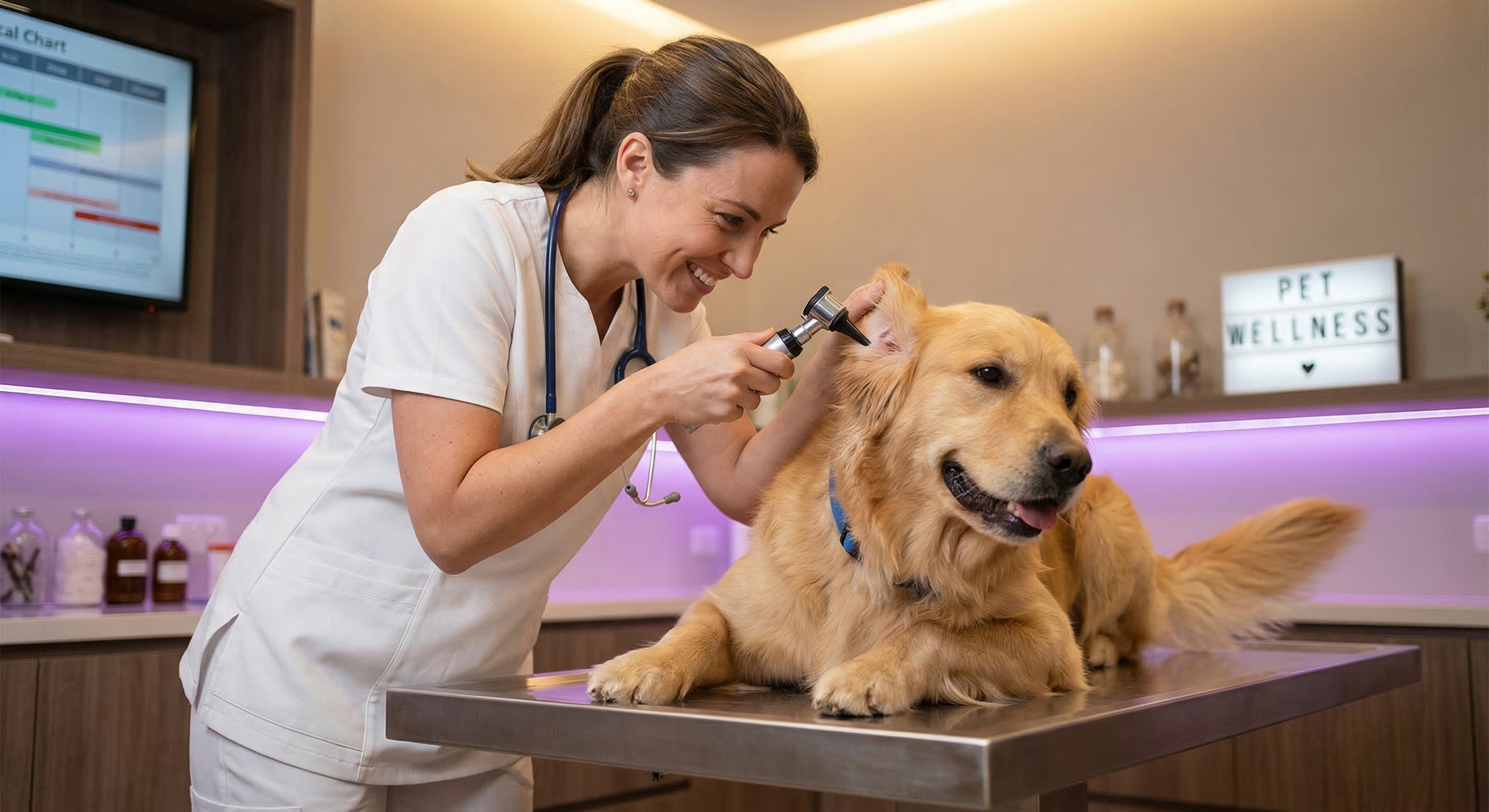 Veterinarian examining a golden retriever in a modern clinic