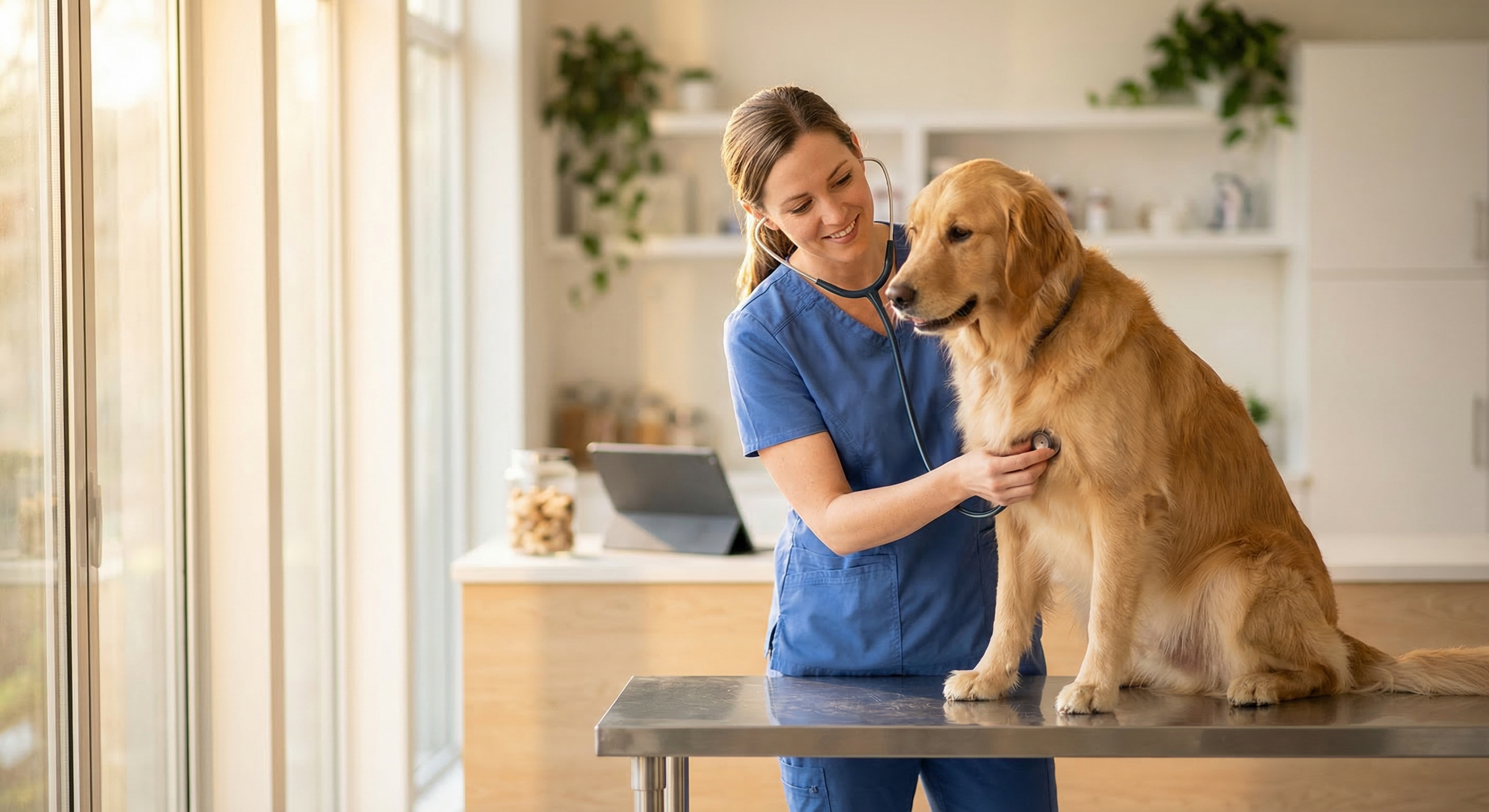Veterinarian with a golden retriever in a warm, modern clinic
