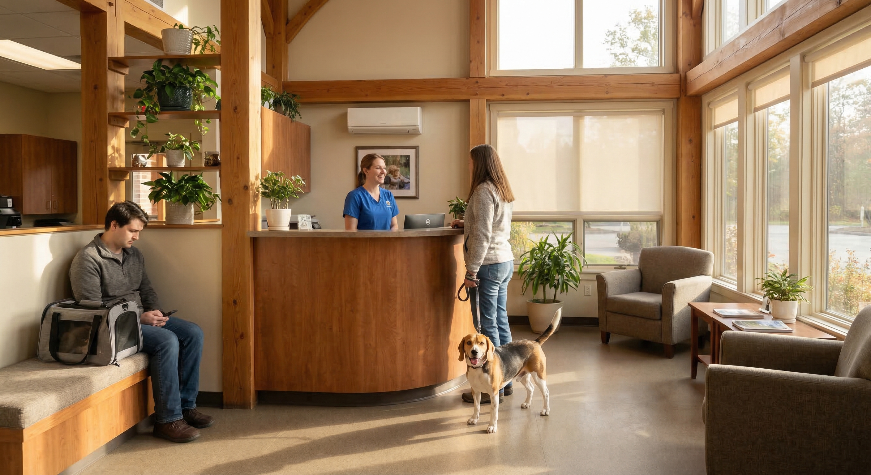 Welcoming veterinary clinic reception area with a beagle